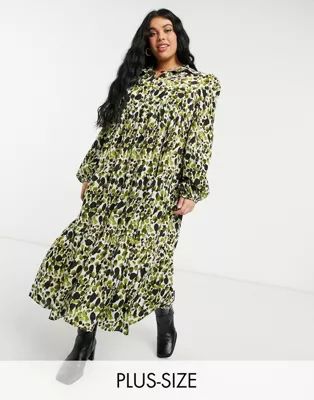 Never Fully Dressed Plus tiered smock shirt midi dress in green smudge print | ASOS (Global)