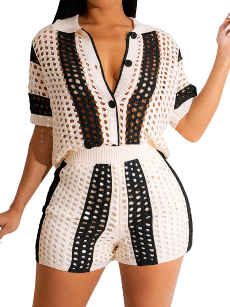 KANSOON Knitted Two Piece Outfit for Women Short Set Color Block Button Down Blouse Tracksuits Bl... | Amazon (US)