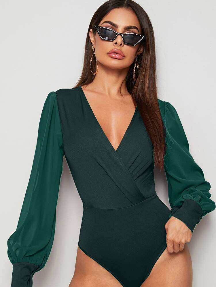 Surplice Neck Contrast Mesh Wrap Bodysuit | SHEIN