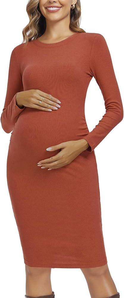 Ecavus Women's Maternity Ribbed Slim Fit Dress Long Sleeve Pregnancy Bodycon Dress Baby Shower Da... | Amazon (US)