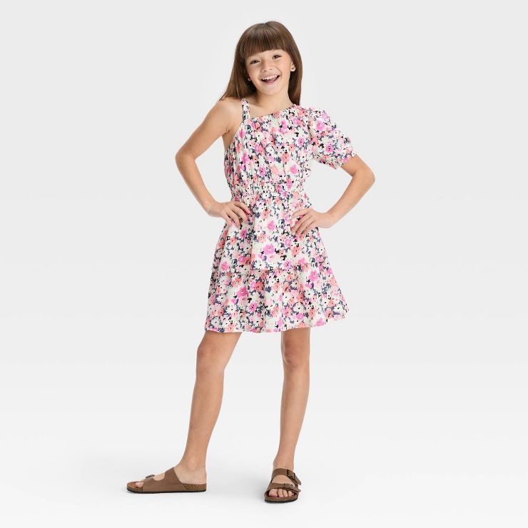 Girls' One Shoulder Tiered Mini Dress - Cat & Jack™ Pink | Target