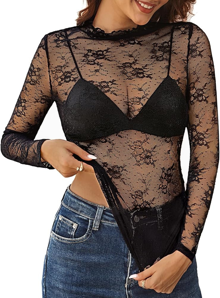 Kate Kasin Lace Tops for Women, Sexy Mesh Long Sleeve Sheer Shirts, Slim Fitted See Through Lace ... | Amazon (US)
