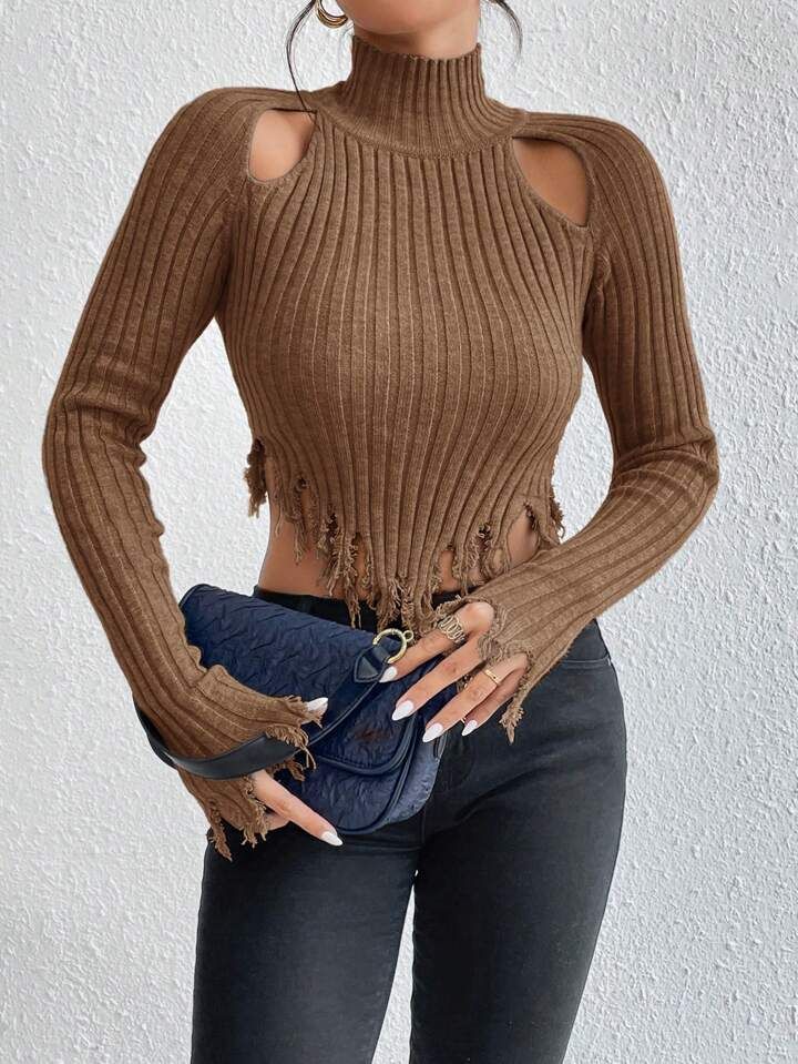 SHEIN Privé Solid Color Ribbed Knitted Worn-Out Style Sweater With Hollow Out Details | SHEIN