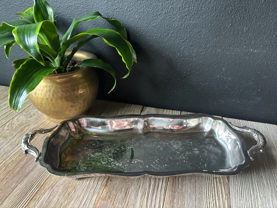 Vintage Leonard Rectangle Silver Plated Etched Footed Tray With Handles, Ornate Silver Decorative... | Etsy (US)