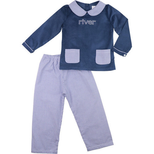 Navy Corduroy And Gingham Pant Set | Cecil and Lou