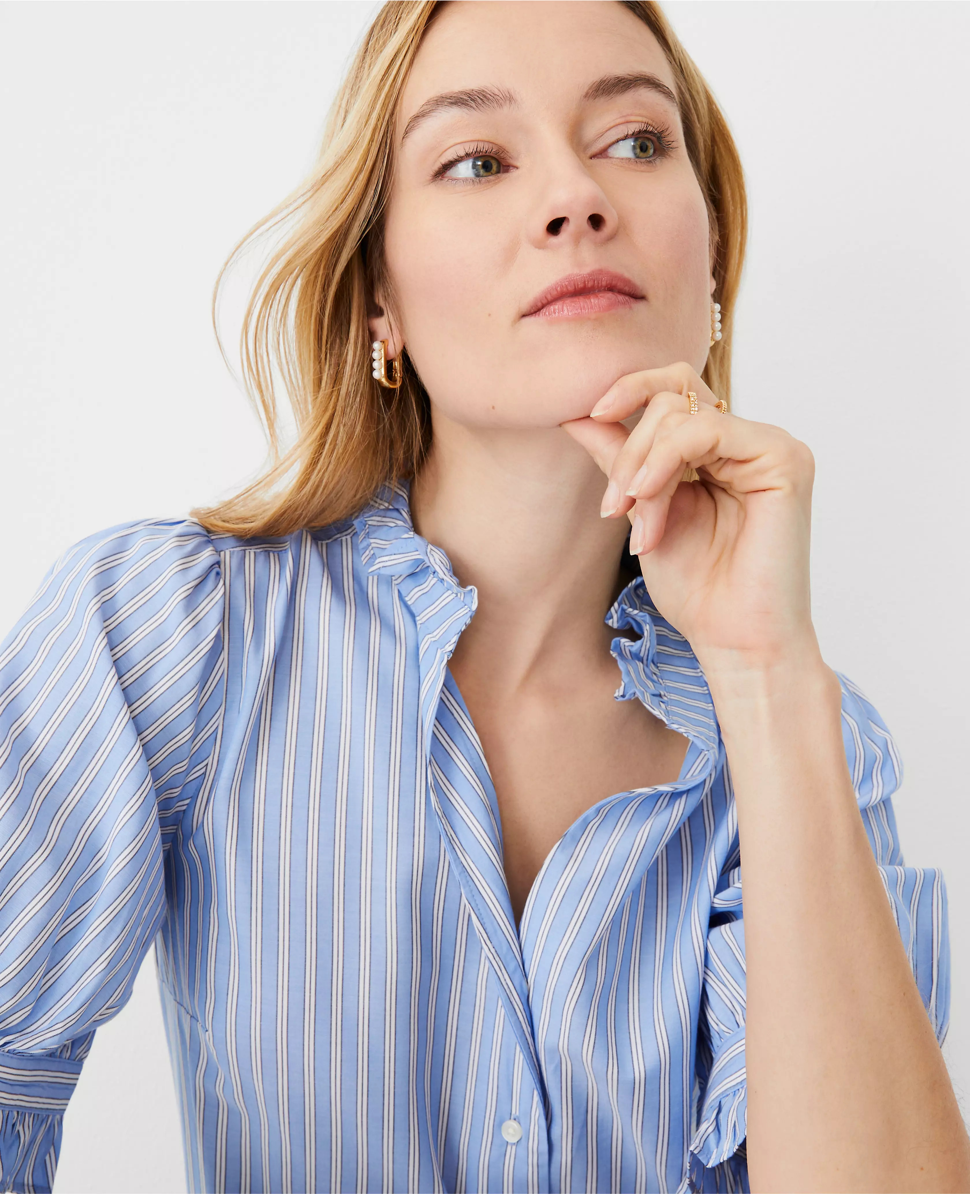 Petite Stripe Ruffle Button Top | Ann Taylor (US)