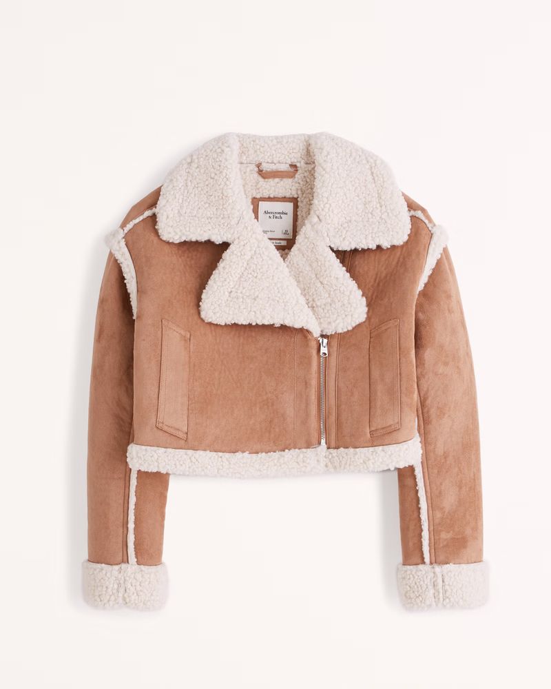 Abercrombie & Fitch Women's Cropped Vegan Suede Shearling Jacket in Light Brown - Size XS | Abercrombie & Fitch (US)