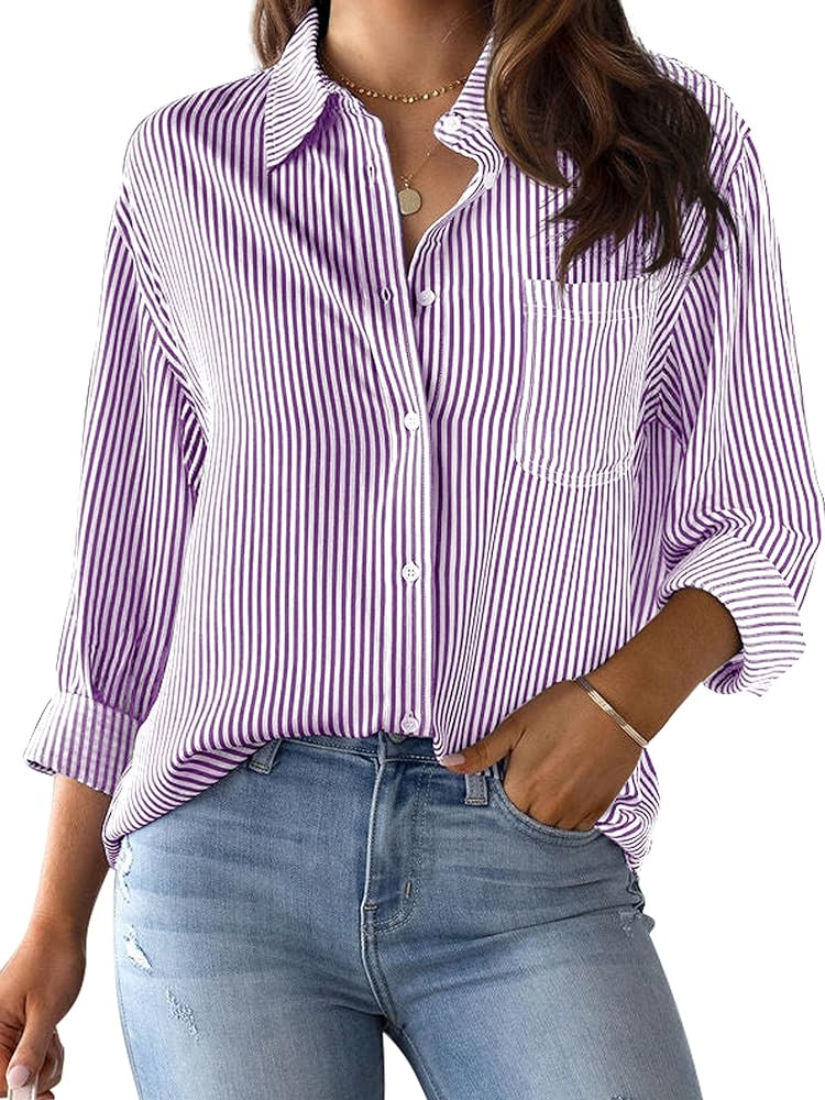 CUNLIN Grade 4 Wrinkle-Resistant Women's Button Down Shirts Striped Long Sleeve Collared Blouses ... | Amazon (US)