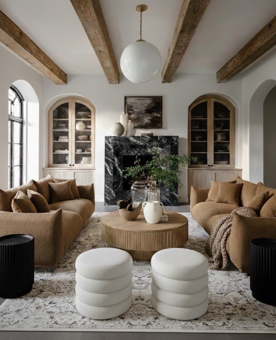  Shop the look:
Black marble fireplace | Arched oak built-ins | Bouclé ottomans | Fluted round coffee table | Camel brown sofa | Vintage patterned area rug | Globe pendant light | Ceramic vases | Cozy knit throw | Modern black accent tables 

#LTKFindsUnder100 #LTKHome #LTKSaleAlert