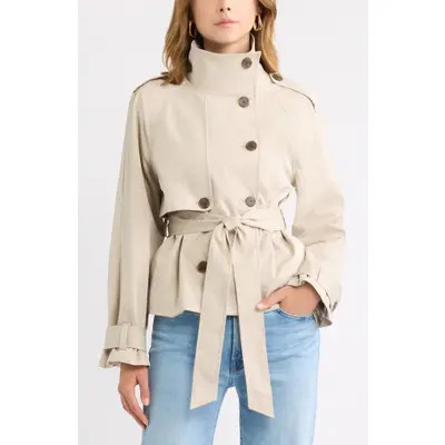 Open Edit Double Breasted Crop Trench Coat in Brown Seal at Nordstrom, Size Large | Nordstrom