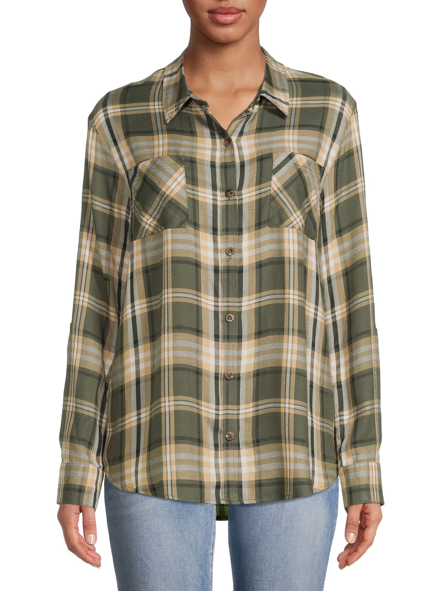 No Boundaries Juniors' Button-Front Plaid Shirt | Walmart (US)