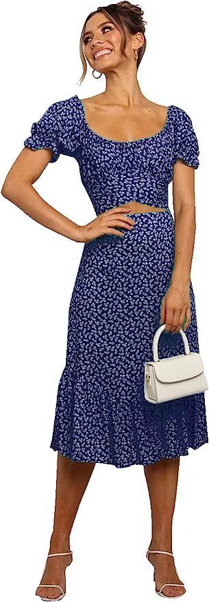 LYANER Women's 2 Piece Outfits Floral Self Tie Knot Crop Top and Midi Skirt Set | Amazon (US)