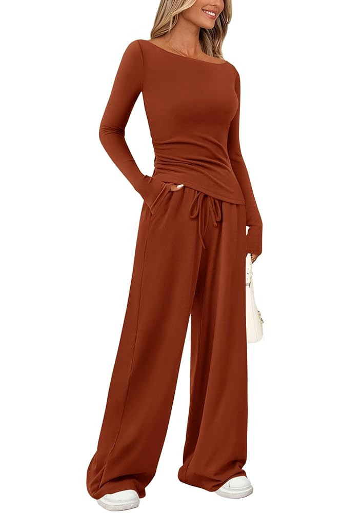 PRETTYGARDEN Women's 2 Piece Lounge Sets Asymmetrical Long Sleeve T Shirt Wide Leg Pants Casual O... | Amazon (US)