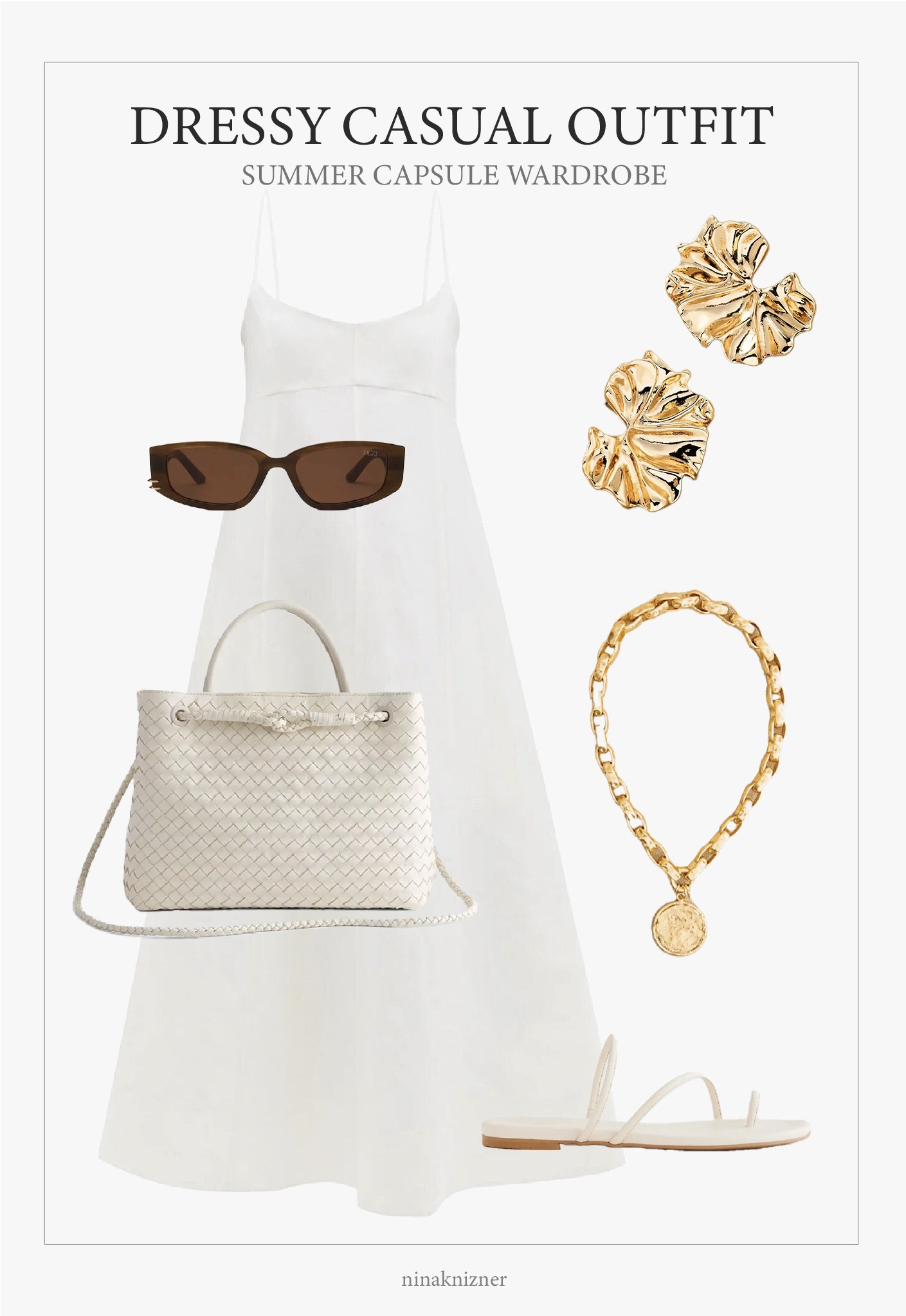Dressy casual summer outfit.

Must have white summer dress from Lspace, paired with an ivory leather purse from Quince. Gold accessories and brown sunglasses.

#summerdress #quietluxury #luxuryonabudget #capsuleoutfit #summeroutfit 

#LTKItBag #LTKTravel #LTKSeasonal