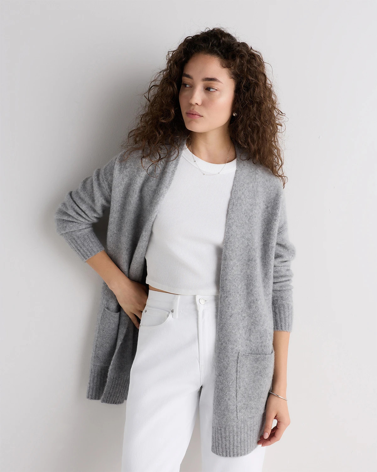 Cashmere Silk Boucle Open Cardigan in Stone Grey | Quince