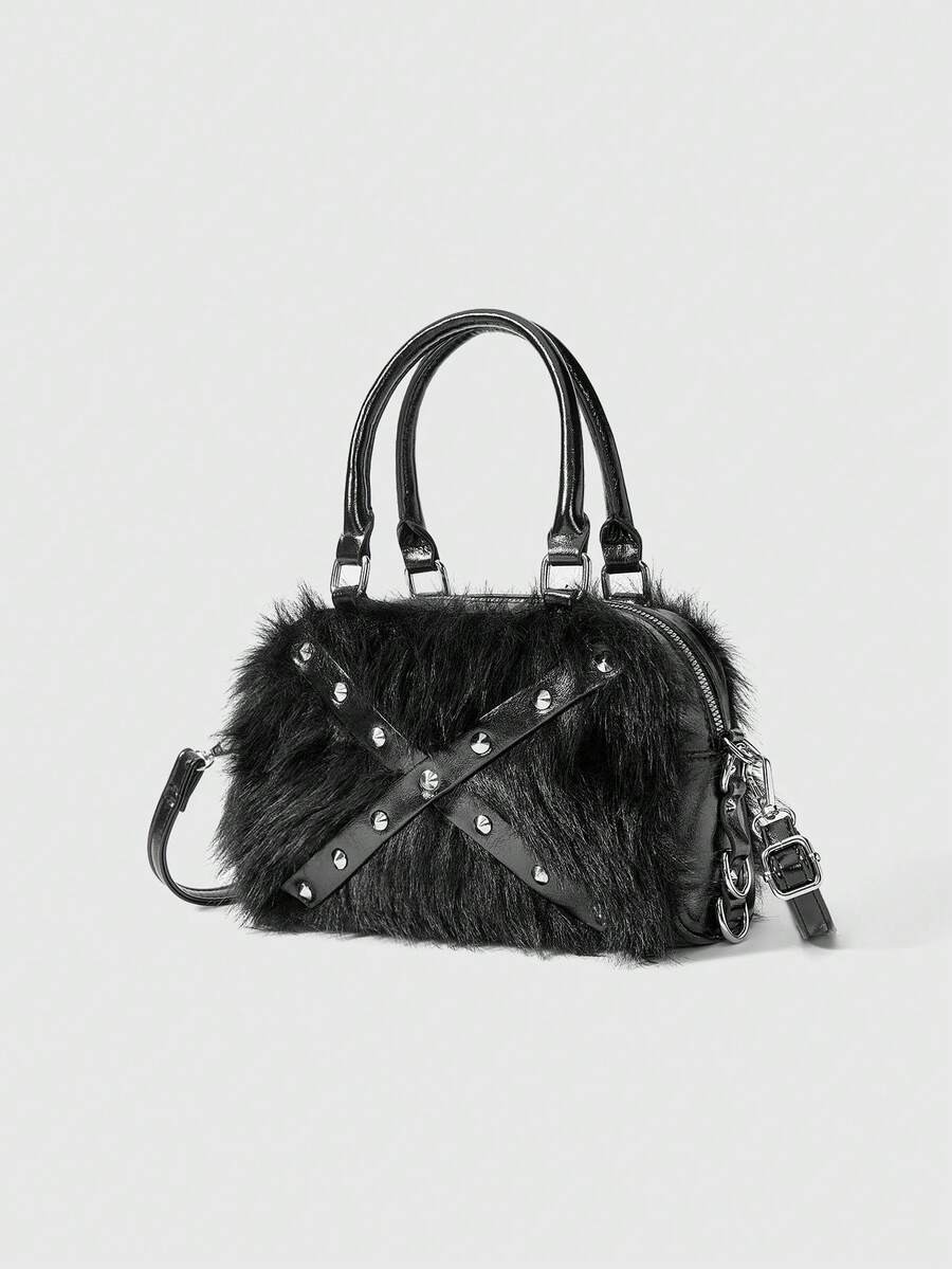ROMWE Grunge Punk Y2K Faux Fur & Studded Shoulder Bag, Punk Style Plush Winter Handbag For Autumn... | SHEIN