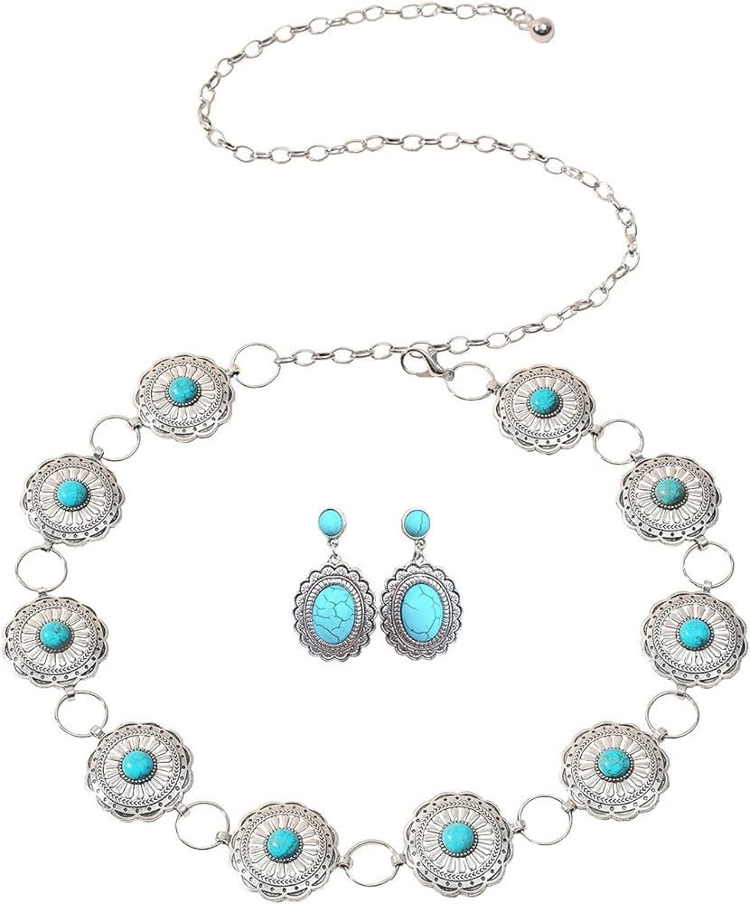 TOPACC 2-piece Western Turquoise Chain belts for Women Silver Concho Statement Earrings Boho Dresses | Amazon (US)