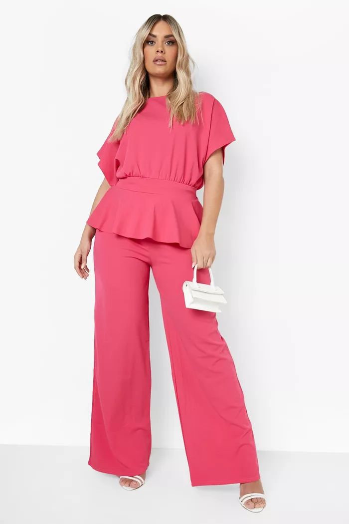 Plus Peplum Top And Wide Leg Pants Two-Piece | boohoo (US & Canada)