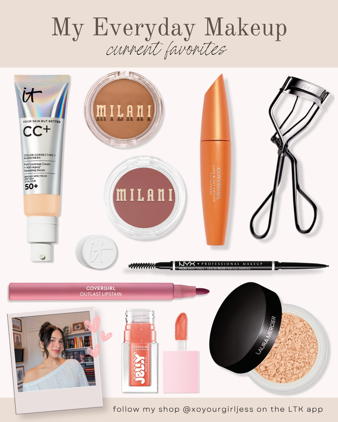 MY EVERYDAY MAKEUP: CURRENT FAVORITES!! 💕 everyday makeup, everyday makeup routine, everyday makeup favorites, makeup favorites, makeup must haves, makeup essentials, makeup routine, natural makeup, natural makeup look, no makeup makeup, effortless makeup, easy makeup routine, quick makeup routine, everyday beauty, makeup products, makeup recommendations, makeup products worth trying, affordable makeup, drugstore makeup, drugstore beauty, budget friendly makeup, makeup for women, beginner makeup, simple makeup routine, glowy makeup, natural glam makeup, soft glam makeup, everyday glam, neutral makeup, neutral makeup look, bronzed makeup, rosy makeup, makeup inspiration, beauty favorites, beauty essentials, makeup collection, current makeup favorites, favorite beauty products, IT Cosmetics CC cream, Milani makeup, Milani blush, CoverGirl makeup, CoverGirl lip stain, NYX brow pencil, Laura Mercier powder, eyelash curler, everyday beauty routine, ulta beauty, ulta makeup, drugstore makeup
 

 #LTKgrwm #LTKootd #LTKmorningroutine