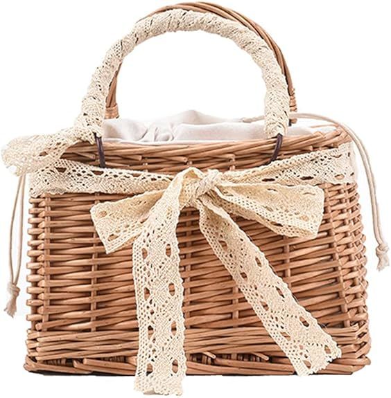 Straw Rectangular Wicker Basket Bag, Vintage Rattan Woven Tote Handbag for Women | Amazon (US)