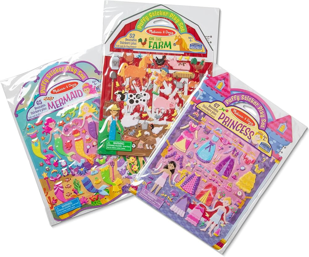 Melissa & Doug Reusable Puffy Sticker Play Set 3 Pack: On The Farm, Princess and Mermaid | Amazon (US)