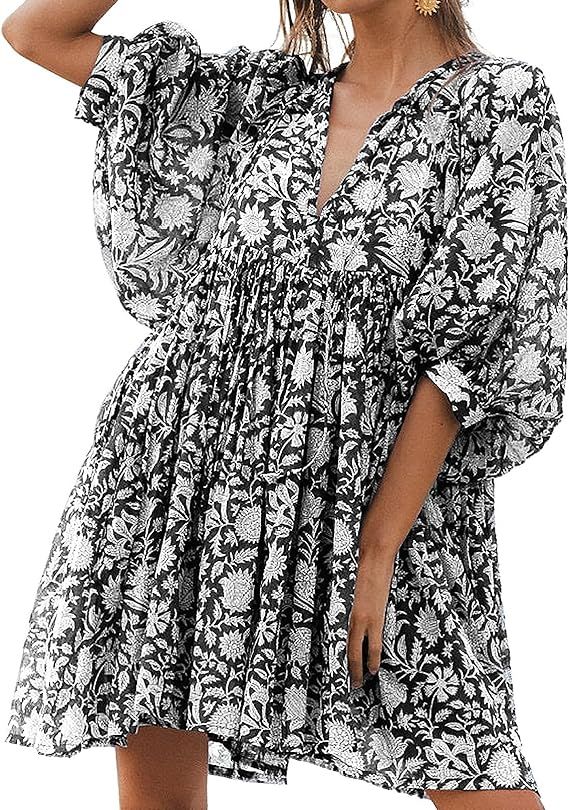 Puff Sleeve Dress for Women - Fall Beach Boho Half Open Collar Loose Midi Dress | Amazon (US)