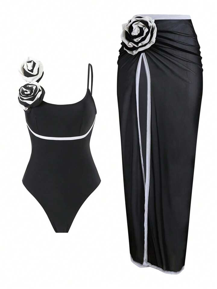 Swim Oasis Women's 3D Floral Print Two-Piece Set Black & White Color Block One Piece Swimsuit & C... | SHEIN