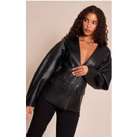 Black Leather Look Cinched Waist Blazer | PrettyLittleThing US