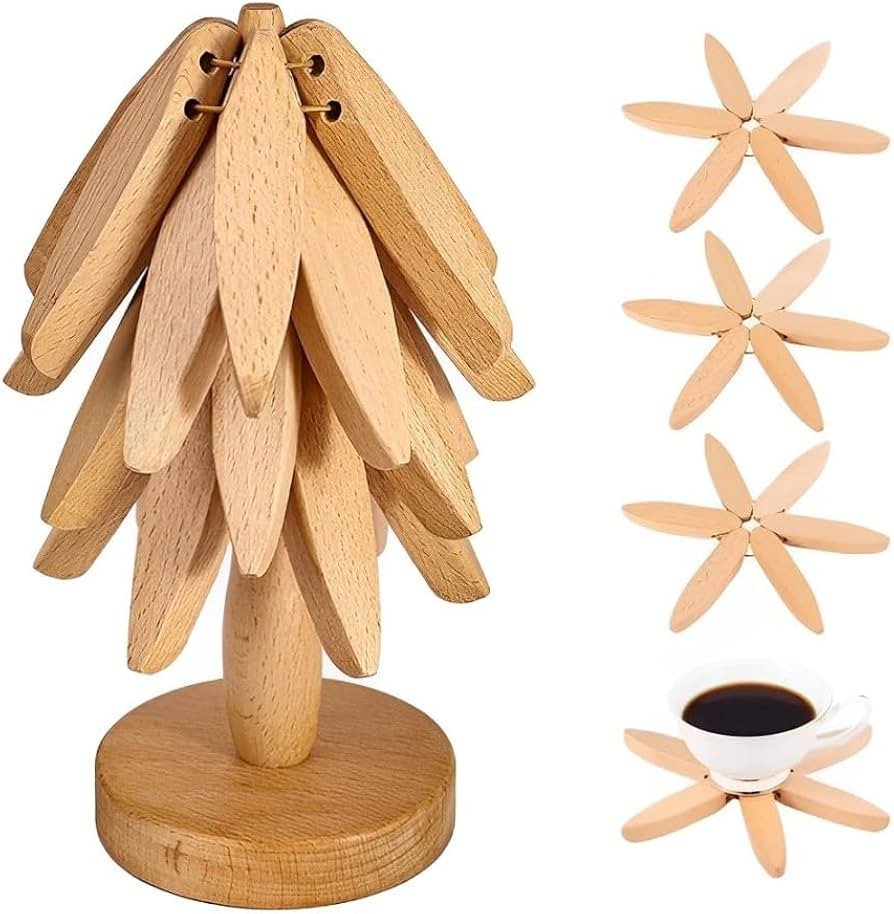 4 Wooden Trivet, Wooden Trivets for Hot Dishes, Tree Shape Trivet Set, Beech Wood Foldable Trivet... | Amazon (CA)