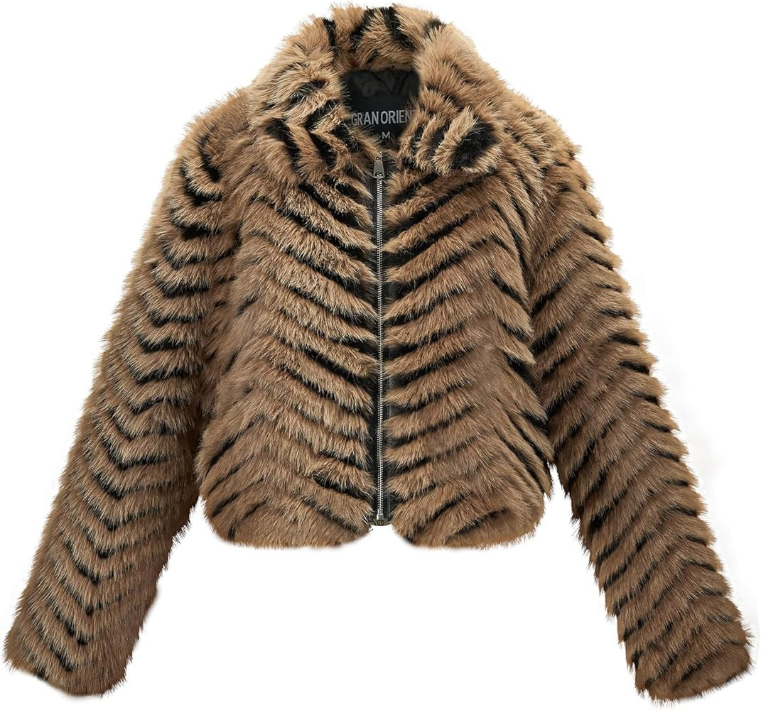 GRAN ORIENTE Women Faux Fur Leopard Print Cropped Jacket,Fleece Fluffy Leather Lined Zip Up Coat | Amazon (US)
