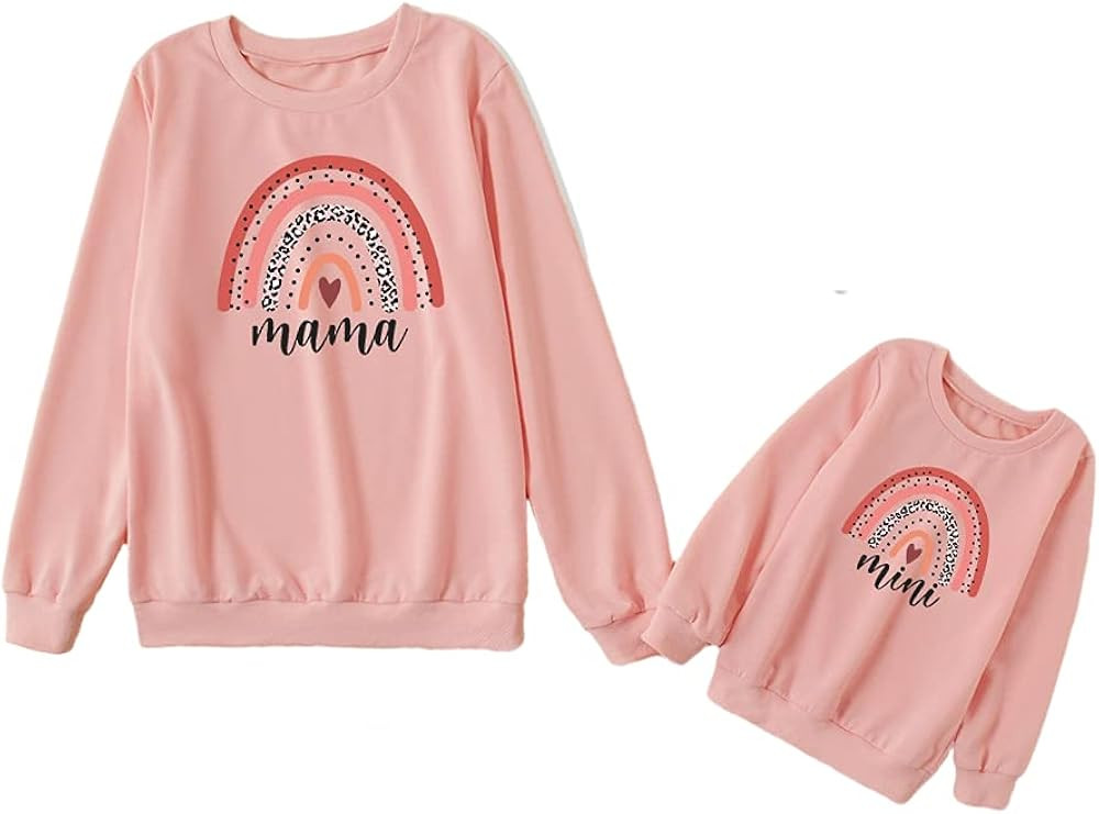 Guodeunh Mommy and me Matching Outfits Mama Mini Rainbow Print Pullover Long Sleeve Shirt Tops Fa... | Amazon (US)