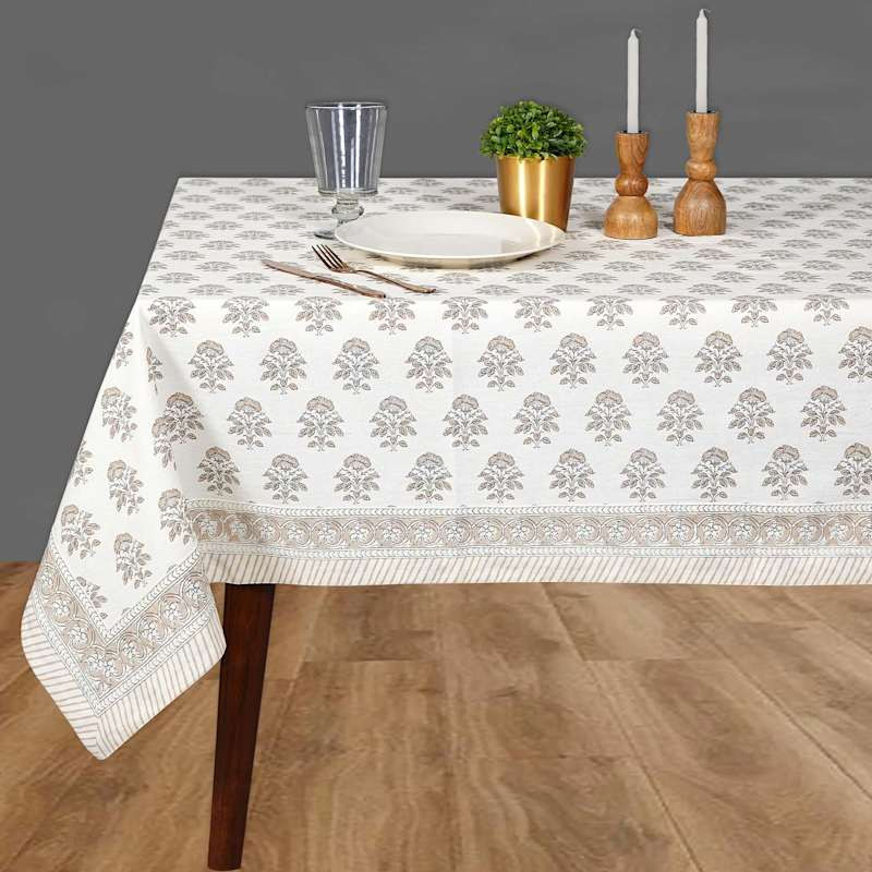Block Print Natural Floral Tablecloth, 60x84 | At Home