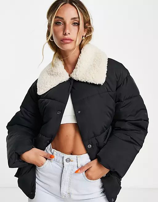 Topshop mid length puffer jacket with borg collar in black | ASOS | ASOS (Global)
