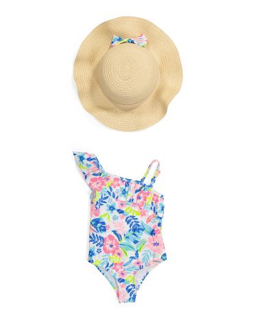 Toddler Girls Tropical One-piece Swimsuit With Straw Hat | TJ Maxx