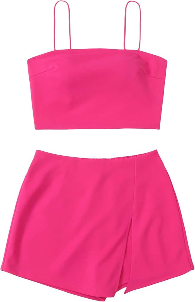 Verdusa Women's 2 Piece Outfit Crop Cami Top and Asymmetrical Shorts Sets | Amazon (US)