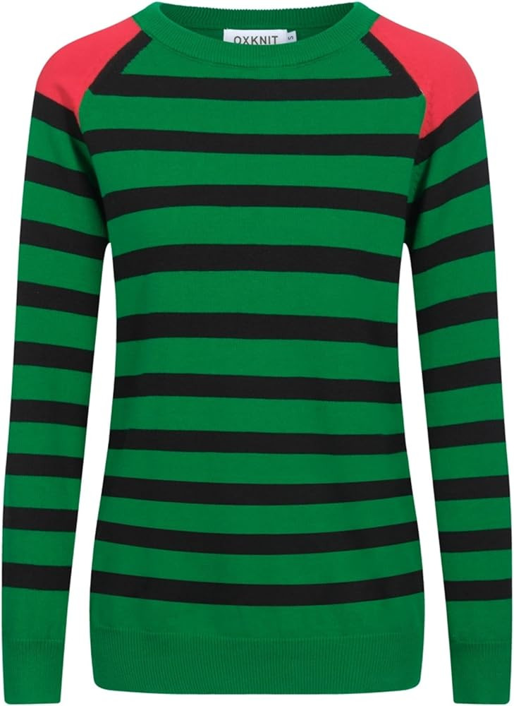 OXKNIT Knit Long Sleeves Sweaters for Women, 1960s Mod Style Stripes Green Black Crewneck Knitted... | Amazon (US)