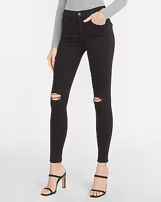 Mid Rise Denim Perfect Black Ripped Skinny Jeans | Express