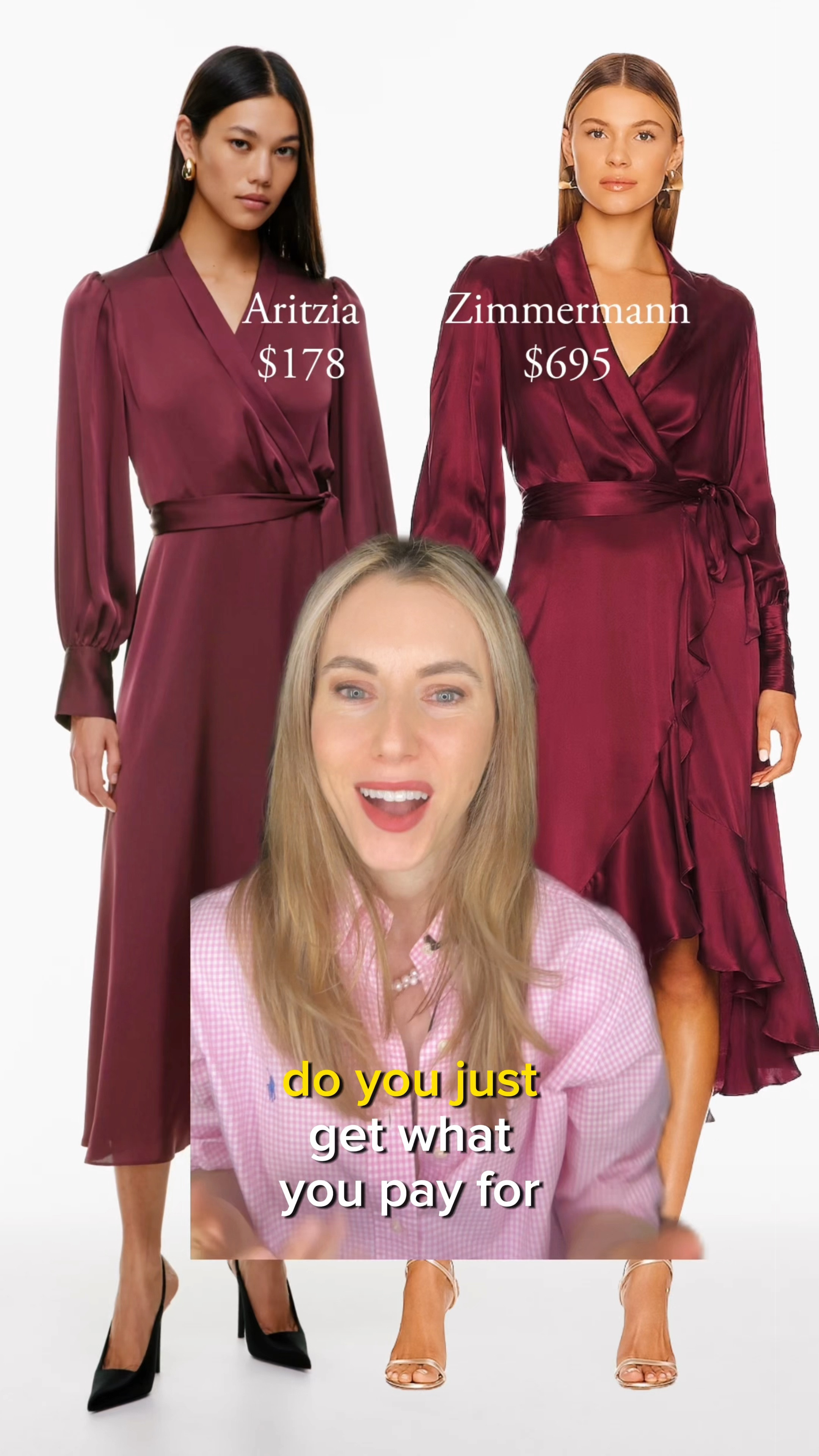 Do you get what you pay for with wedding guest dresses? Is more always more?

The silk wrap dresses from Zimmermann is beautifully executed. The satin looks and feels luxe in person.

But the Aritzia dresses offer a sleeker, more low-key take on this concept: they’re matte, and they are less voluminous. To wear them to more formal events, you can add bling.

I’d wear dainty jewelry with the Zimmermann.

If you like this style, would one dress be your definite choice? Or would they work for different occasions for you?

#LTKparties #LTKwedding #LTKVideo