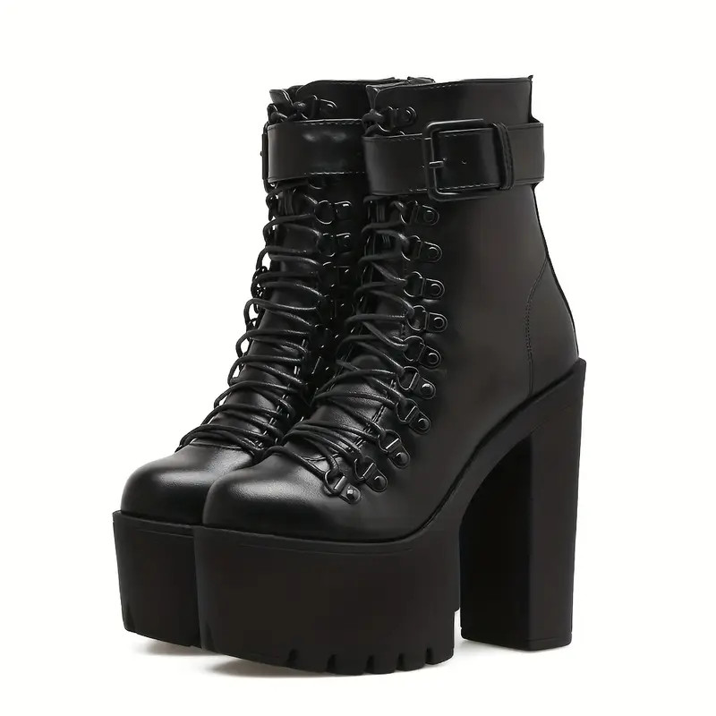 Women's Platform Chunky High Heel Ankle Boots Black Buckle - Temu | Temu Affiliate Program