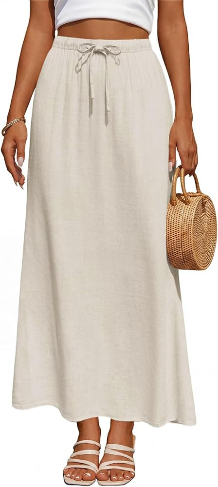 Women's Linen Maxi Skirt Drawstring Back Slit Elastic High Waisted Flowy 2026 Summer White Long S... | Amazon (US)