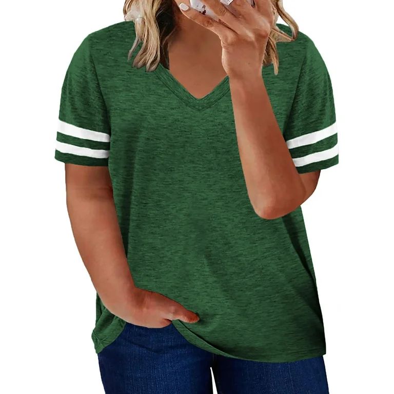 Aleumdr Womens V Neck T-Shirts Casual Stripe Trim Short Sleeve Loose Fit Fashion Green Oversized ... | Walmart (US)