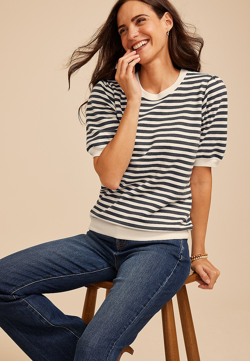French Terry Striped Puff Sleeve Top | Maurices