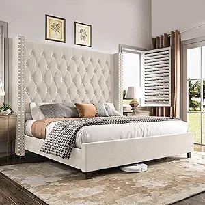 PaPaJet Queen Size Bed Frame with 61.4" Tall Wingback Design Headboard, Velvet Upholstered Platfo... | Amazon (US)