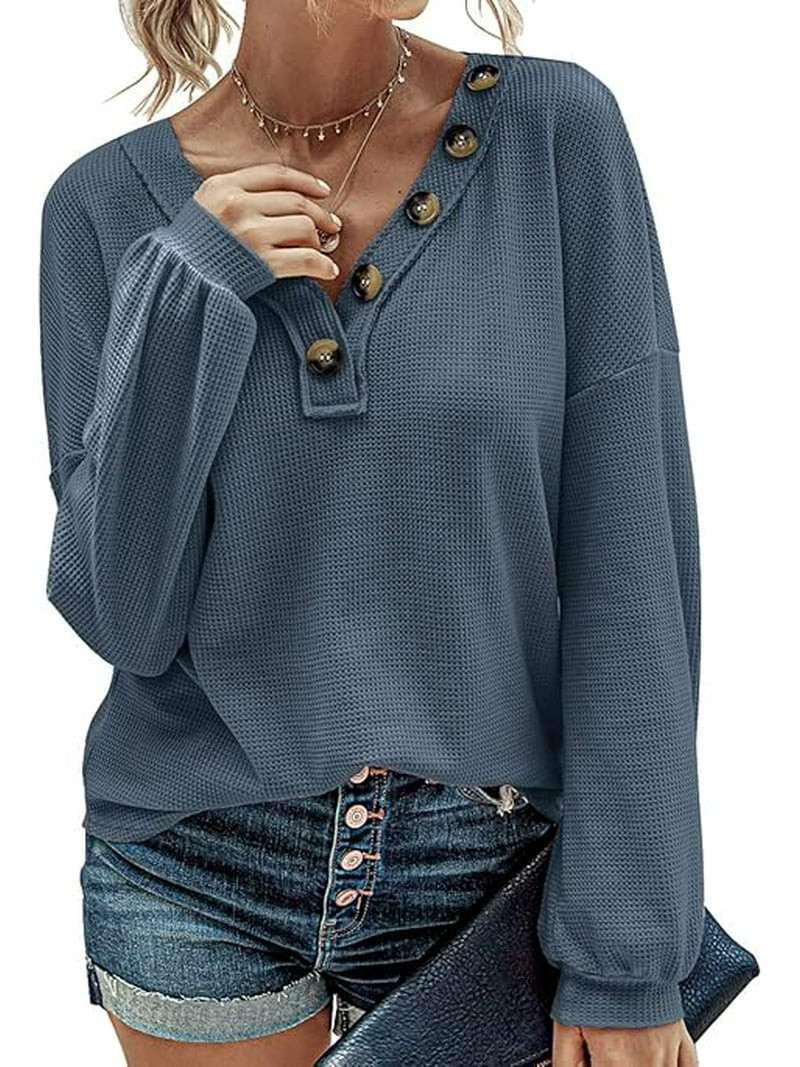 FreshPretty Women Long Sleeve Shirts Spring Fall 2025 V Neck Loose Casual Blouse Deco Button Ligh... | Walmart (US)