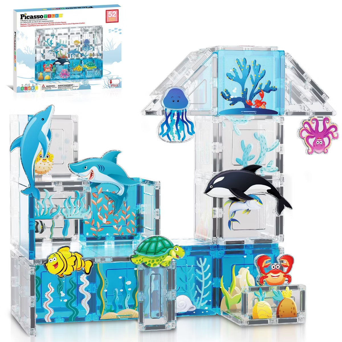 PICASSO-TILES Magnetic Tiles for Kids – Marine Animal Theme 52PCS STEM Construction Building Bl... | Target