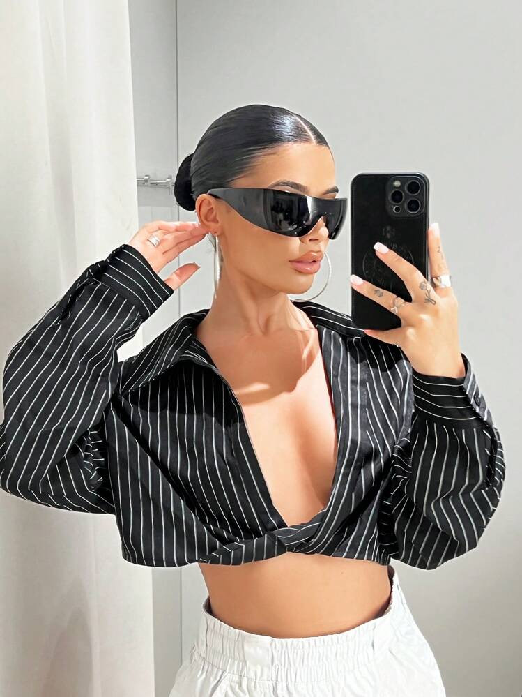 SHEIN ICON Striped Print Twist Front Crop Shirt,Long Sleeve Tops | SHEIN
