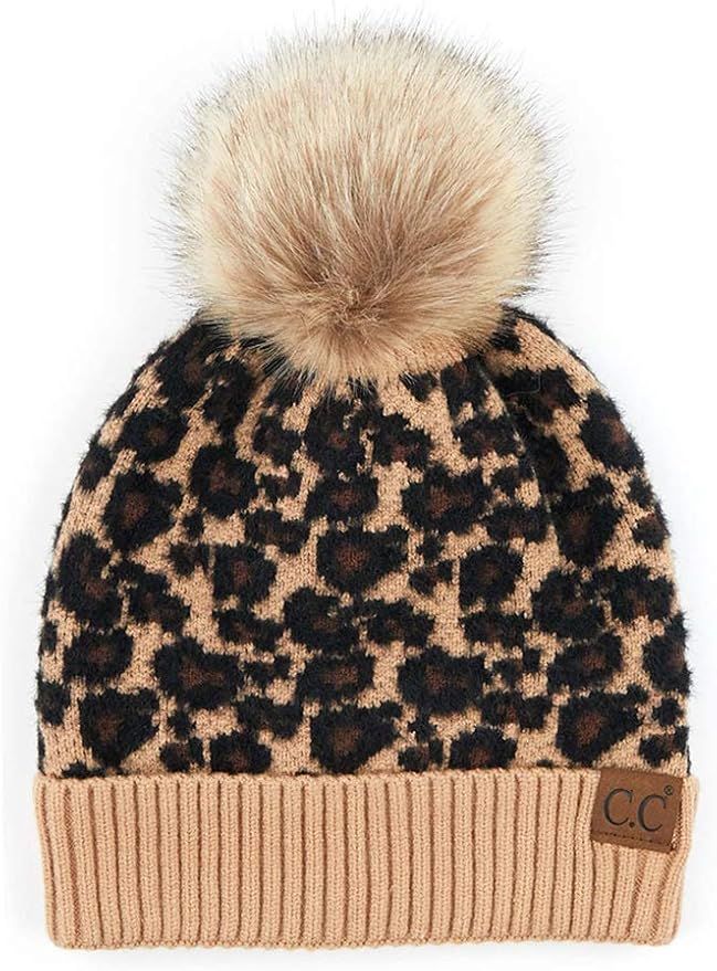 ScarvesMe Women's Leopard Animal Print Warm Winter Beanie Hat with Pom | Amazon (US)