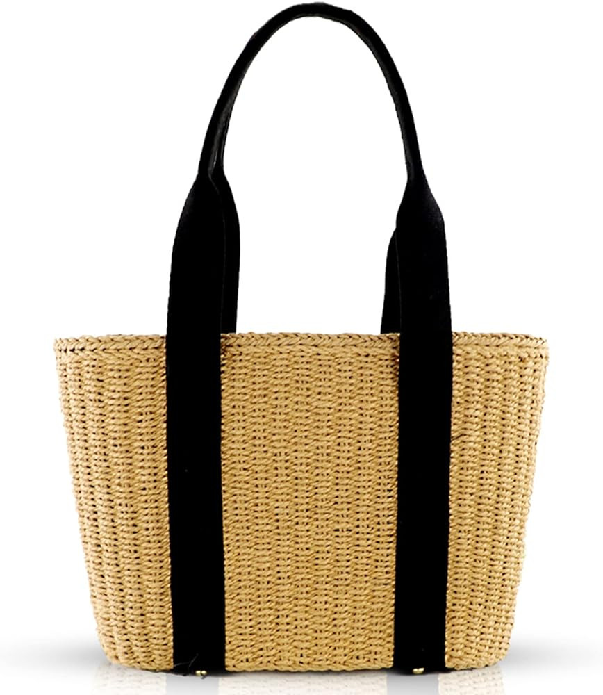 Straw Bag, Beach Bags for Women, Woven Hand Bag, Padded Canvas Paneled Shoulder Straps, Simple La... | Amazon (US)