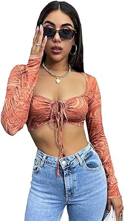 SheIn Women's Marble Print Long Sleeve Crop Tee Top Tie Front Ruched Drawstring T Shirt | Amazon (US)