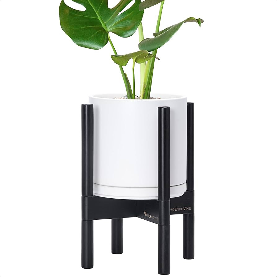 Amazon.com : D'vine Dev Ceramic Planter with Ebony Stand - 8 Inch Modern Round Flower Pot with Wo... | Amazon (US)